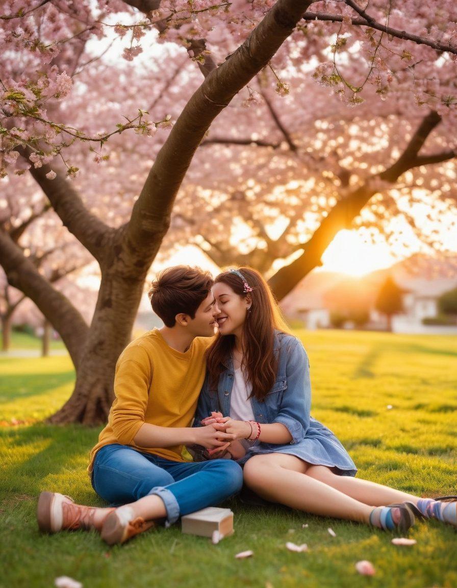 A vibrant scene of two teenagers sharing a secret moment under a blooming cherry blossom tree, surrounded by symbols of friendship like friendship bracelets and cozy books. The background features a soft, dreamy sunset that hints at their evolving relationship. Expressions of joy and anticipation illuminate their faces, showcasing the transition from playful friends to romantic partners. super-realistic. vibrant colors. soft focus.