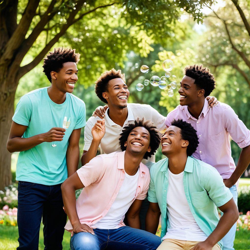 A vibrant scene featuring a group of adorable young men sharing laughter and engaging in friendly conversation in a picturesque park setting, with blooming flowers and sunlight filtering through lush trees. They should be of diverse backgrounds, expressing genuine emotions of friendship and love. Incorporate soft pastel colors to evoke warmth and joy, while adding playful elements like bubbles or butterflies around them. super-realistic. vibrant colors. serene background.